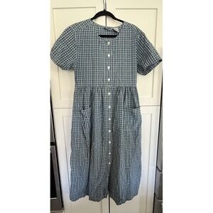 Vtg Erika & Co Blue Plaid Stripe Maxi Dress Sz M Cottagecore Prairie Country